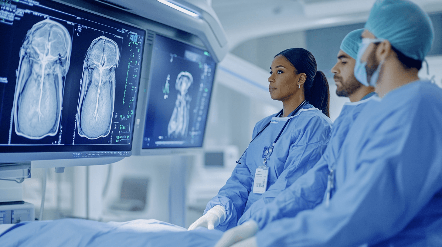 Healthcare workers viewing fluoroscopy monitors