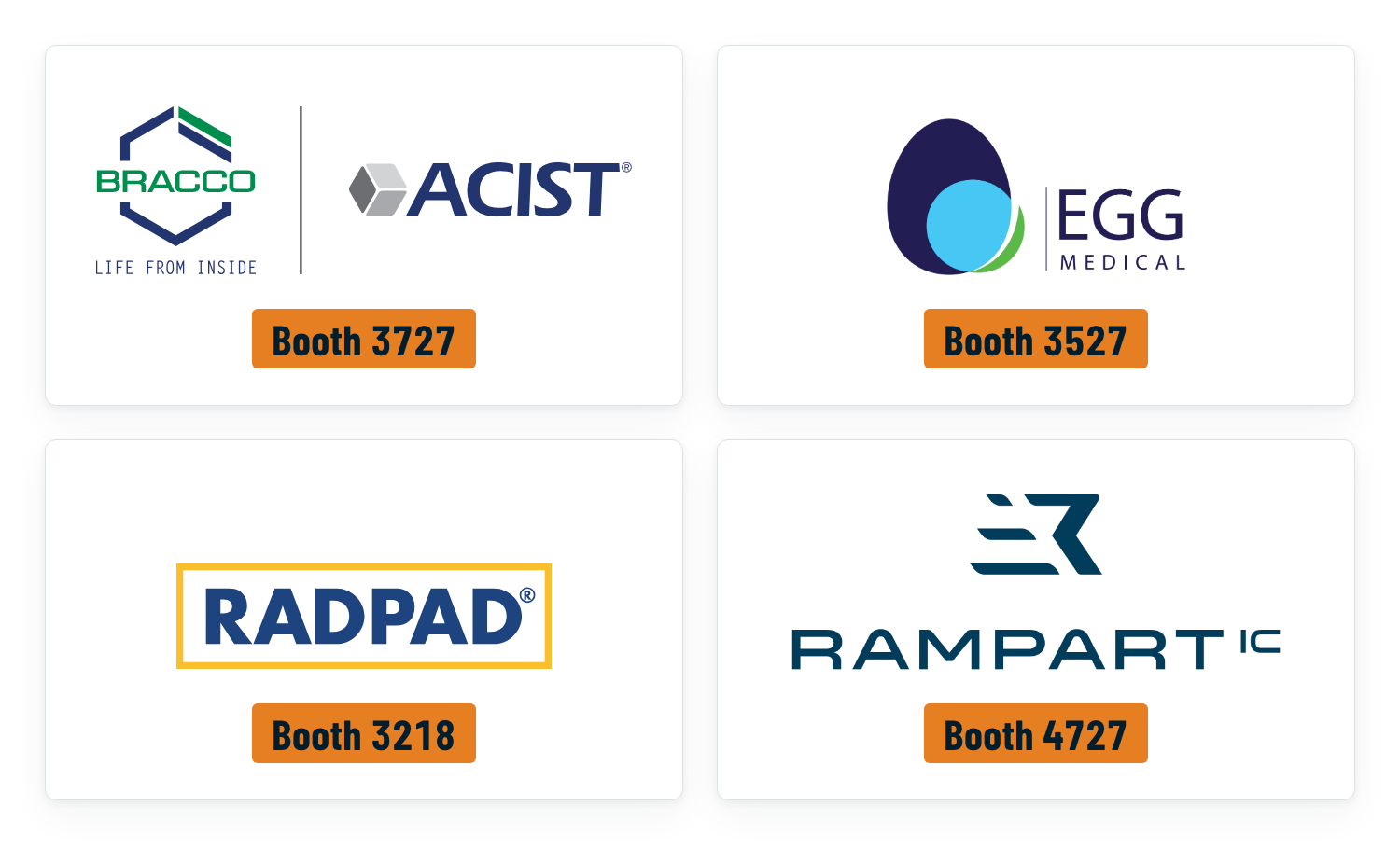 Logos of the four ORSIF corporate sponsors exhibiting at TCT 2026, each with its booth number: Bracco and ACIST, Booth 3727. Egg Medical, Booth 3527. RADPAD, Booth 3218. Rampart IC, Booth 4727.